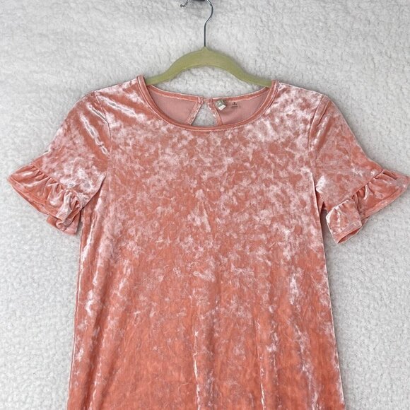 Roxy Peach Crushed Velvet Dress Youth Girls Short Flutter Sleeves Size Large - Picture 2 of 16